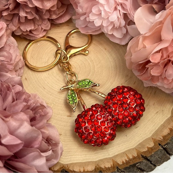 Whimsical Red Crystal Cherries Keychain Charm - Picture 6 of 13